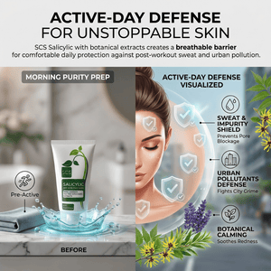 SCS Salicylic skincare product with visualizations of active-day defense on skin and botanical elements.
