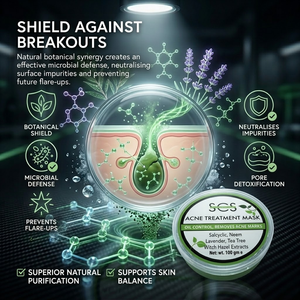 Acne treatment mask with botanical and microbial defense system on a dark background