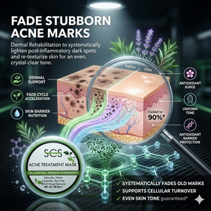 SCS Acne Treatment Mask 100g circular tub highlighting salicylic, neem, lavender, tea tree, and witch hazel extracts on a clean white background.