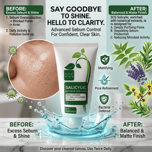 Promotional graphic for a skincare product with before and after effects on skin.