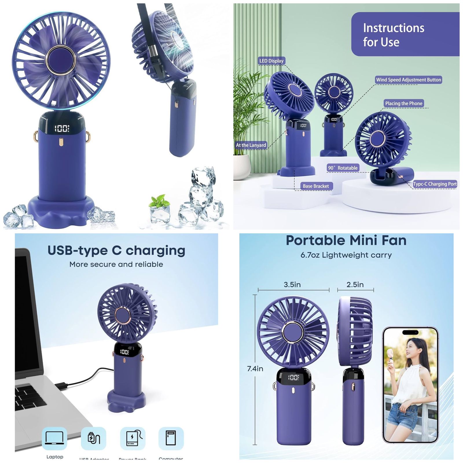 Digital Display Portable Mini Fan – 5-in-1 USB-C Rechargeable Handheld Fan with Smart LED Screen, Phone Stand Base, and Neck Lanyard | TRYNDZI