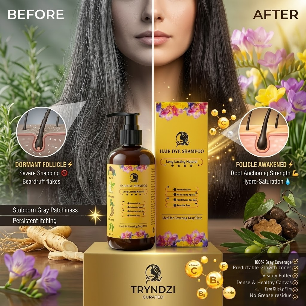 Floral Natural Hair Dye Shampoo – Ammonia-Free Herbal Formula with Ginseng & Fo-Ti for Long-Lasting Gray Hair Coverage (200ml) | TRYNDZI