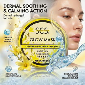 SCS Glow Skin Gel Mask premium translucent jar packaging highlighting the hydrating, deep nourishing, and radiance enhancing skin benefits on an elegant vanity background.