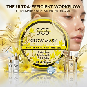 SCS Glow Skin Gel Mask premium translucent jar packaging highlighting the hydrating, deep nourishing, and radiance enhancing skin benefits on an elegant vanity background.