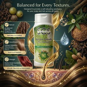 SCS Premium Natural Growth Hair Shampoo elegant 100 percent organic minimalist bottle display.