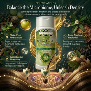 Shampoo bottle with natural ingredients and benefits on a decorative background