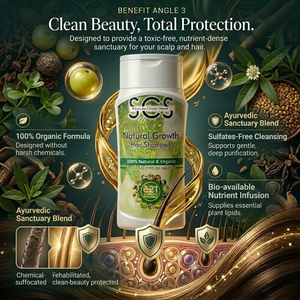 SCS Premium Natural Growth Hair Shampoo elegant 100 percent organic minimalist bottle display.