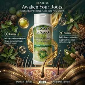 SCS Premium Natural Growth Hair Shampoo elegant 100 percent organic minimalist bottle display.