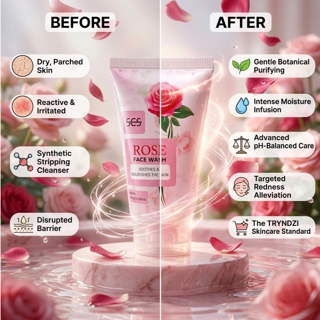 Before and after comparison of a skincare product with rose petals and text highlighting benefits.