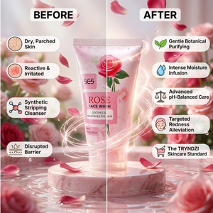 Before and after comparison of a skincare product with rose petals and text highlighting benefits.