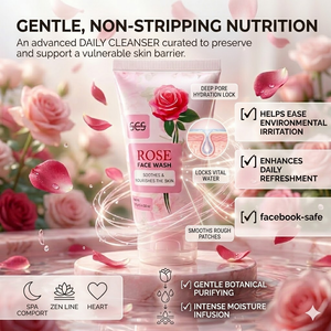 SCS Rose Face Wash standup tube showing the soothes and nourishes the skin label displayed on a pink marble platform surrounded by swirling water and floating pink rose petals
