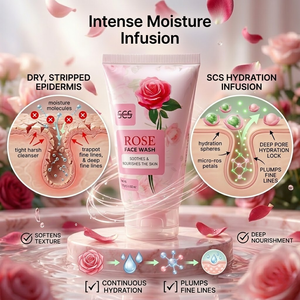 SCS Rose Face Wash standup tube showing the soothes and nourishes the skin label displayed on a pink marble platform surrounded by swirling water and floating pink rose petals