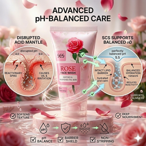 Rose face wash with pH-balanced care features and diagram on a floral background