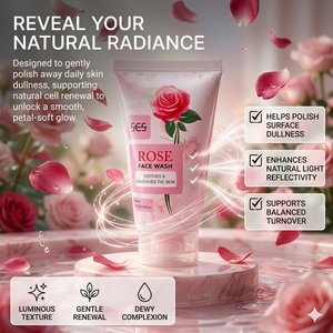 SCS Rose Face Wash standup tube showing the soothes and nourishes the skin label displayed on a pink marble platform surrounded by swirling water and floating pink rose petals