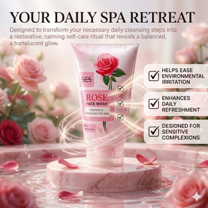 SCS Rose Face Wash standup tube showing the soothes and nourishes the skin label displayed on a pink marble platform surrounded by swirling water and floating pink rose petals