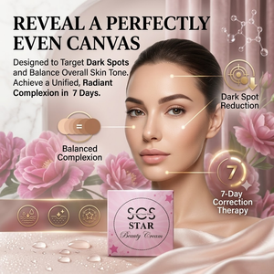 SCS Star Beauty Cream elegant pink box packaging accented with dark pink roses and a glowing antioxidant molecular swirl.