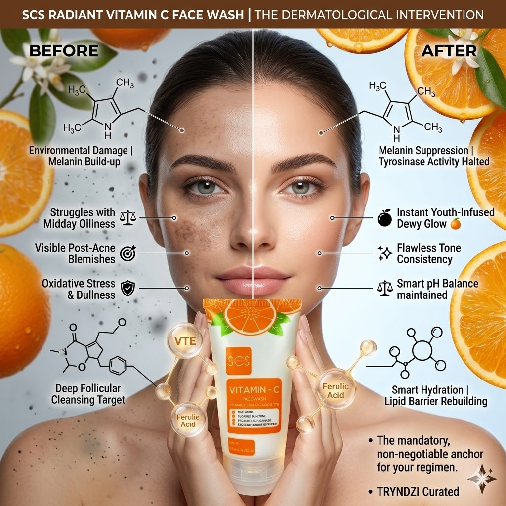 SCS Radiant Vitamin C Face Wash – Brightening Daily Cleanser with Antioxidants for Dark Spots, Even Skin Tone, and Oily Skin Control | TRYNDZI