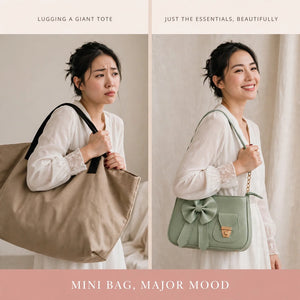 Mini shoulder bag before and after – giant tote to compact bow handbag