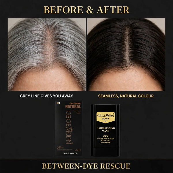 Hair color stick before and after – grey roots covered instantly