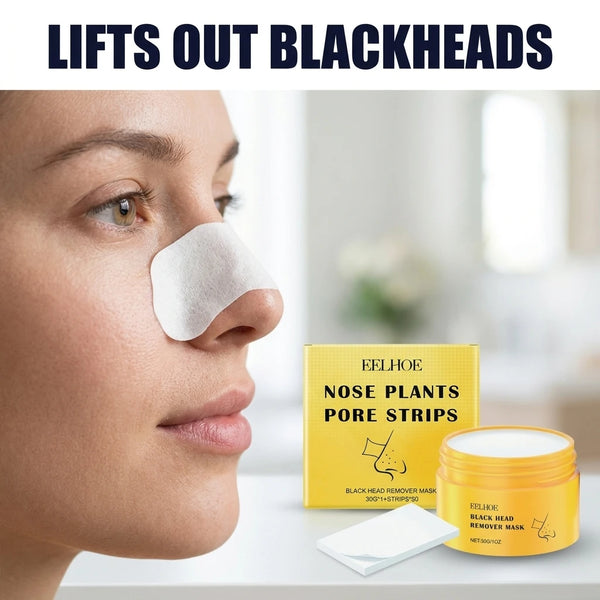 Close-up of an Eelhoe pore strip applied on a nose – lifts out blackheads and unclogs pores