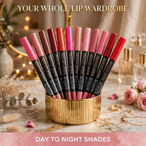 Matte lip liner set on a vanity – day to night lip shades