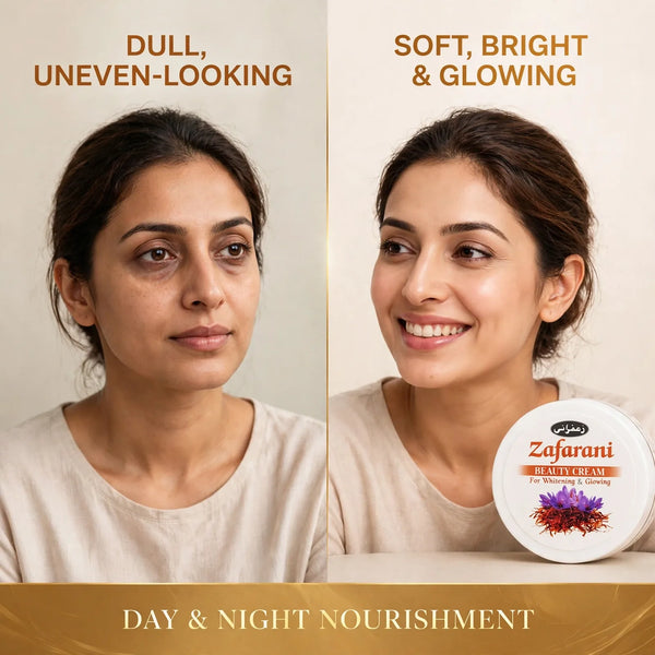 Zafran cream before and after – dull uneven skin to soft bright glowing look