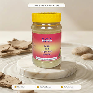 SCS Mud & Kojic Acid Powder Face Mask — Authentic SCS Product Packshot with Yellow Lid on Luxury Marble Pedestal