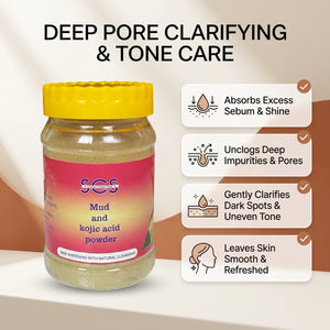 SCS Mud & Kojic Acid Face Mask — Deep Pore Clarifying & Tone Care Skin Benefits Infographic