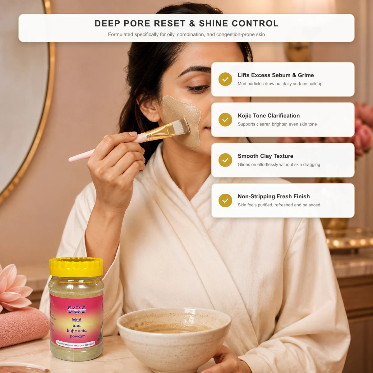 SCS Mud & Kojic Acid Face Mask — Deep Pore Reset, Shine Control & Smooth Non-Stripping Balanced Finish
