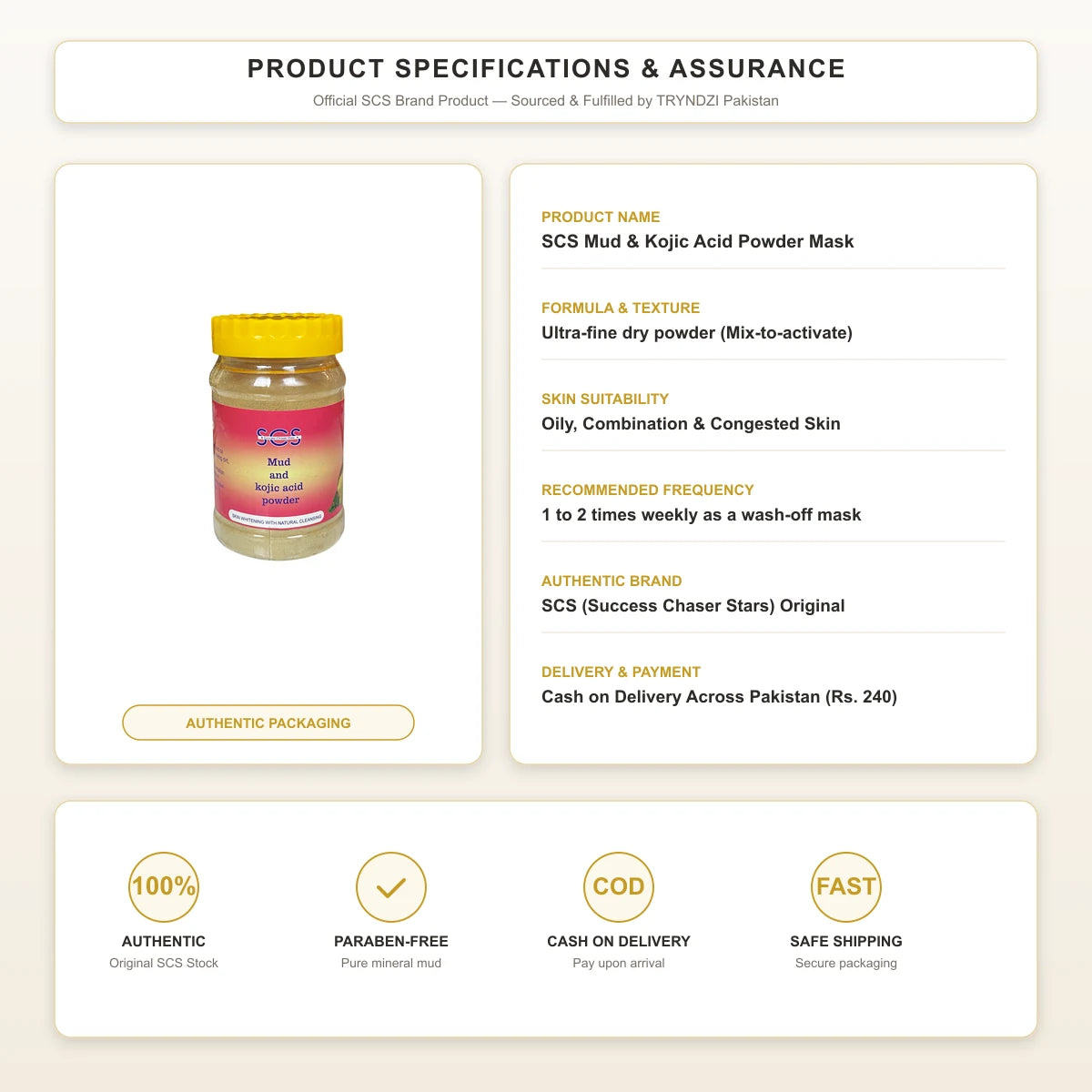 SCS Mud & Kojic Acid Face Mask — Product Specifications, 100% Authentic SCS Brand & Tryndzi Delivery Assurance