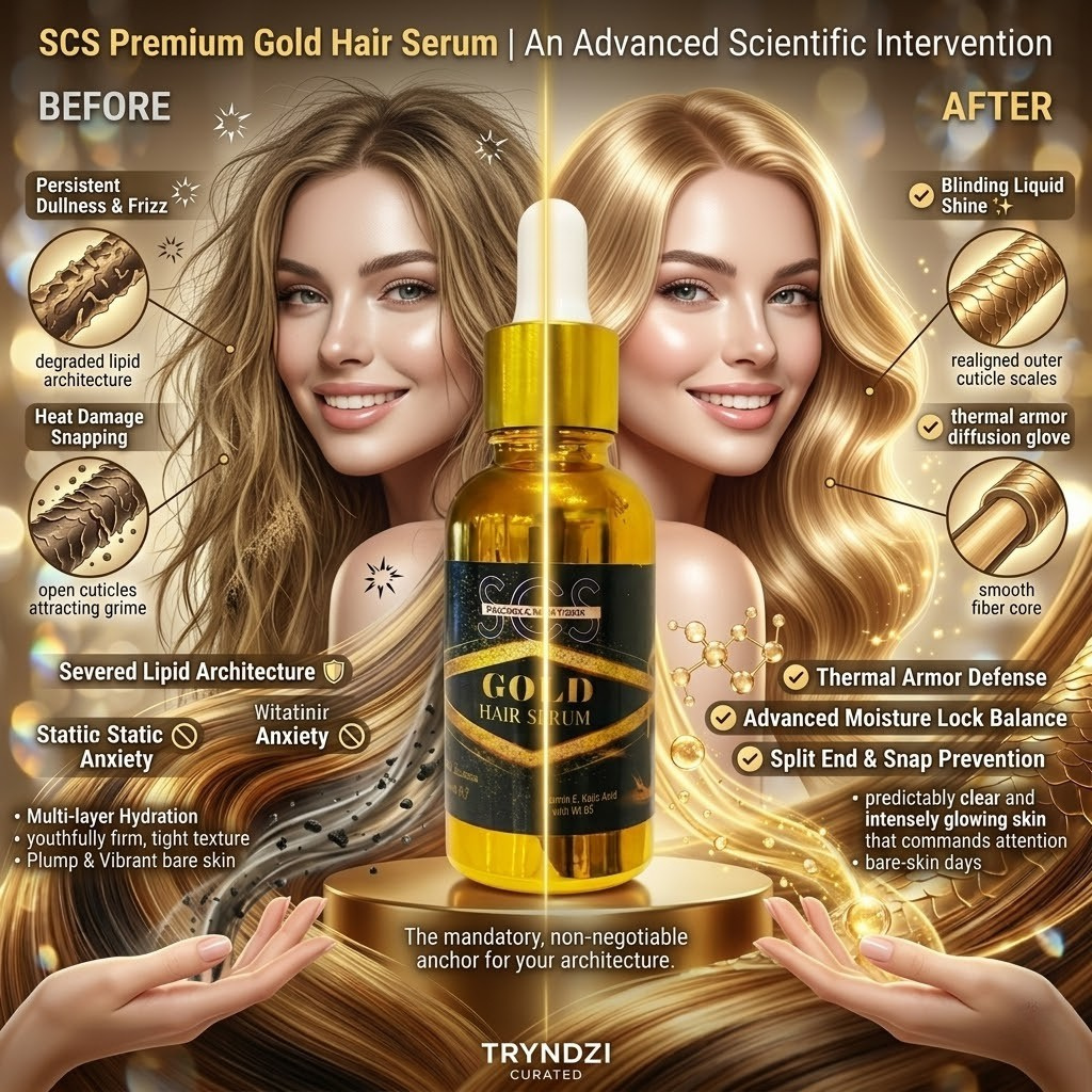 SCS Premium Gold Hair Serum – Anti-Frizz Heat Protectant with Liquid Shine Matrix for Splitting, Breakage, and Hair Fall Control | TRYNDZI