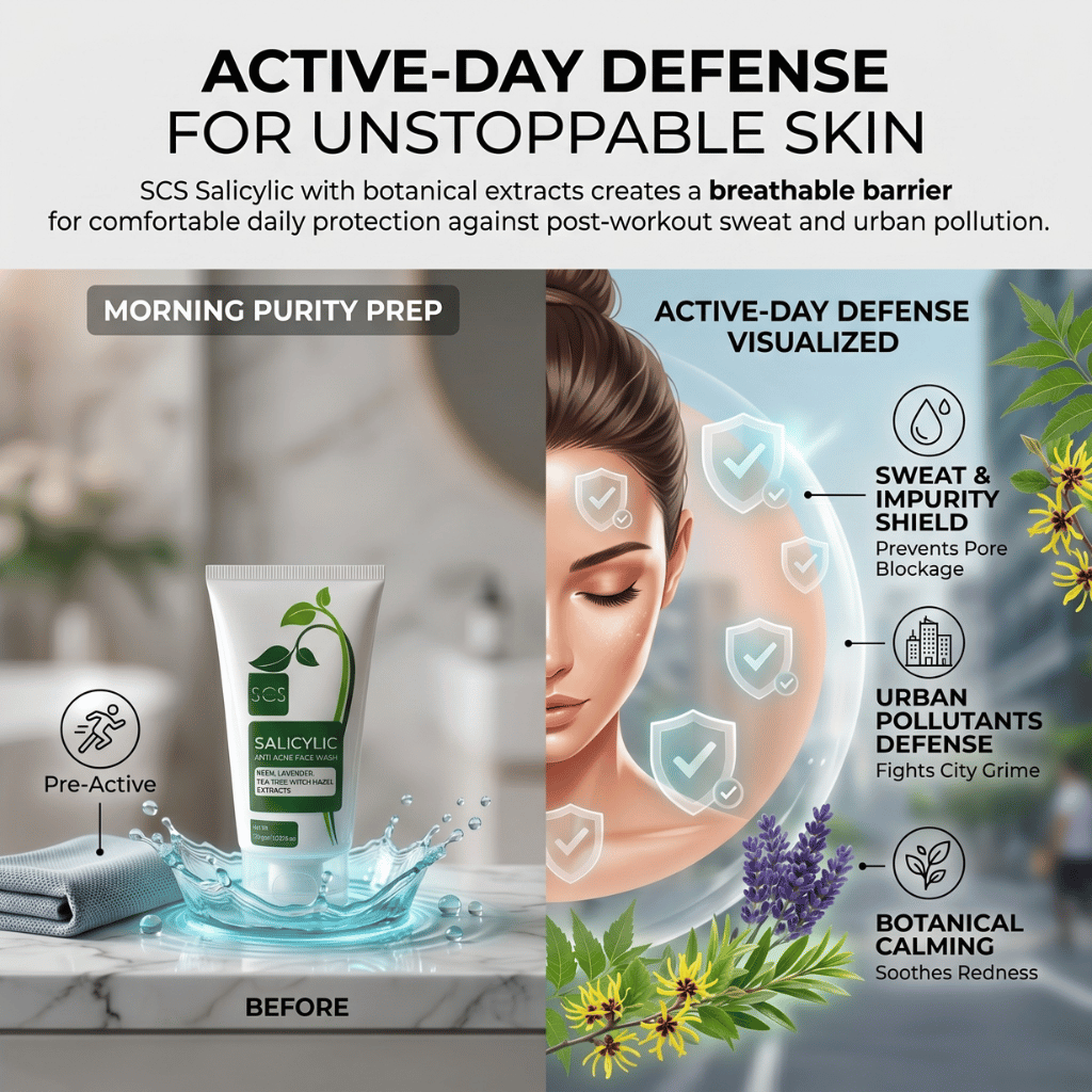 SCS Salicylic skincare product with visualizations of active-day defense on skin and botanical elements.

