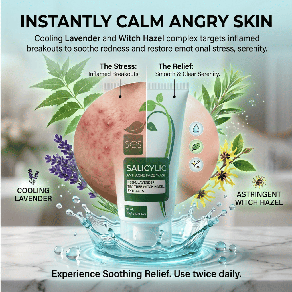 Salicylic acid face wash with lavender and witch hazel on a marble surface
