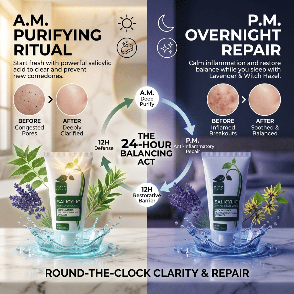 Cosmetic product advertisement showing A.M. and P.M. routines with text and images of skin before and after use.