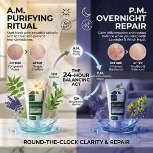 Cosmetic product advertisement showing A.M. and P.M. routines with text and images of skin before and after use.