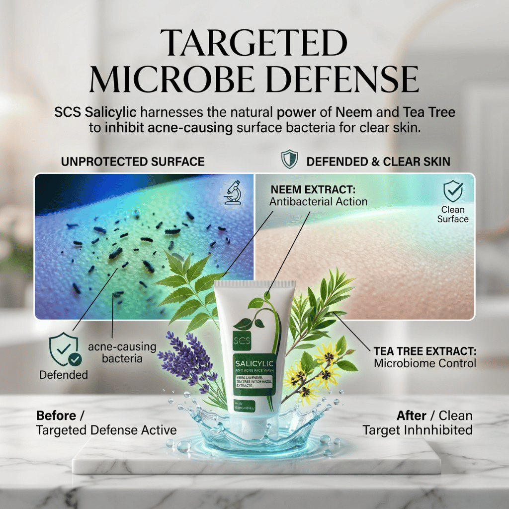 SCS Salicylic product with Neem and Tea Tree extracts on a marble surface