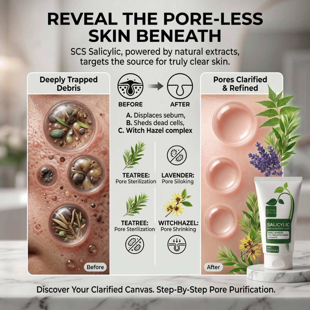 Cosmetic product with botanical elements and text about poreless skin, featuring a before-and-after comparison.
