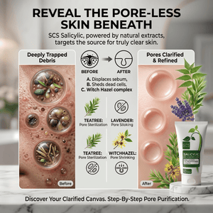 Cosmetic product with botanical elements and text about poreless skin, featuring a before-and-after comparison.