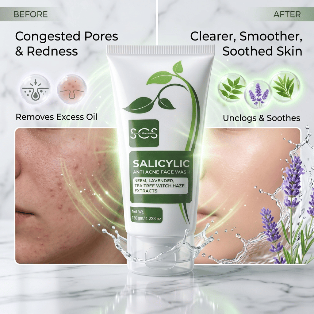 Split-screen visual demonstrating the transition from congested, oily, acne-prone skin to a clear, calm, and balanced complexion.