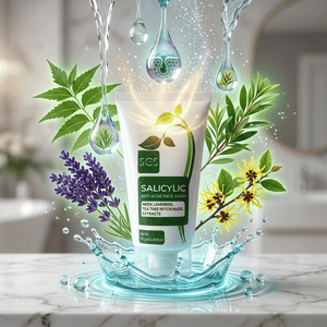 SCS Clarifying Anti-Acne Face Wash bottle on a clean, modern bathroom vanity showcasing the professional deep pore cleansing label.