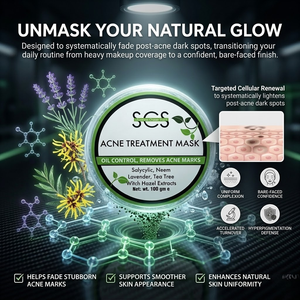 SCS Acne Treatment Mask 100g circular tub highlighting salicylic, neem, lavender, tea tree, and witch hazel extracts on a clean white background.