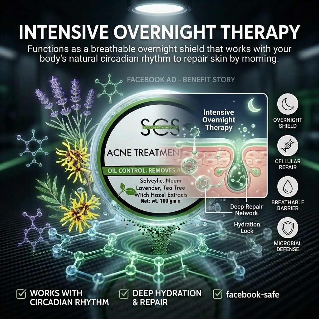 SCS Acne Treatment Mask 100g circular tub highlighting salicylic, neem, lavender, tea tree, and witch hazel extracts on a clean white background.