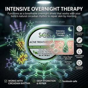 SCS Acne Treatment Mask 100g circular tub highlighting salicylic, neem, lavender, tea tree, and witch hazel extracts on a clean white background.