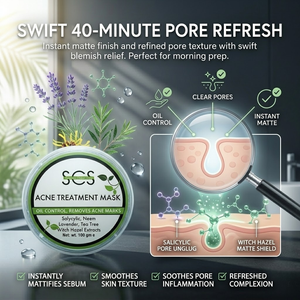 SCS Acne Treatment Mask 100g circular tub highlighting salicylic, neem, lavender, tea tree, and witch hazel extracts on a clean white background.