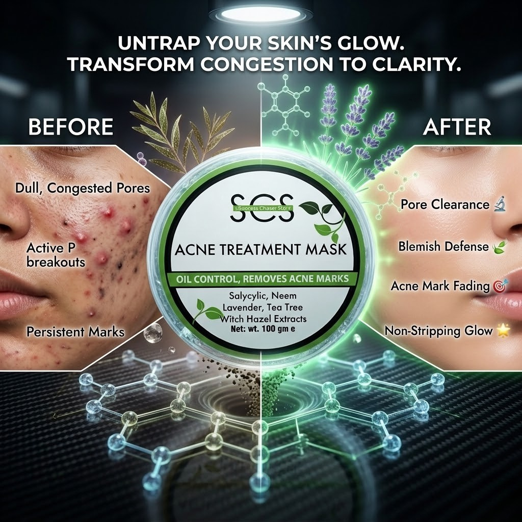 Acne treatment mask with 'SCS' branding, showing before and after effects on skin.