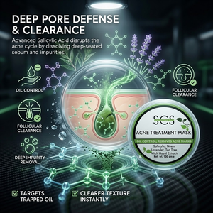 Acne treatment mask with deep pore defense and clearance features on a dark background