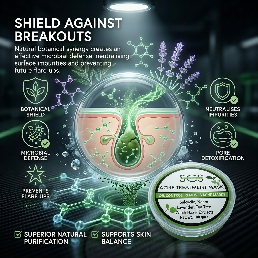 Acne treatment mask with botanical and microbial defense system on a dark background