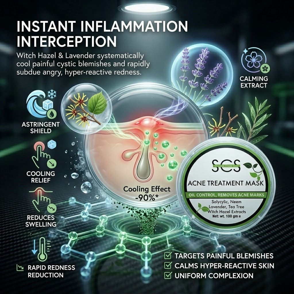 Acne treatment mask advertisement with botanical elements and cooling effects on skin.