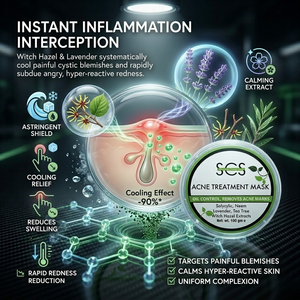 Acne treatment mask advertisement with botanical elements and cooling effects on skin.