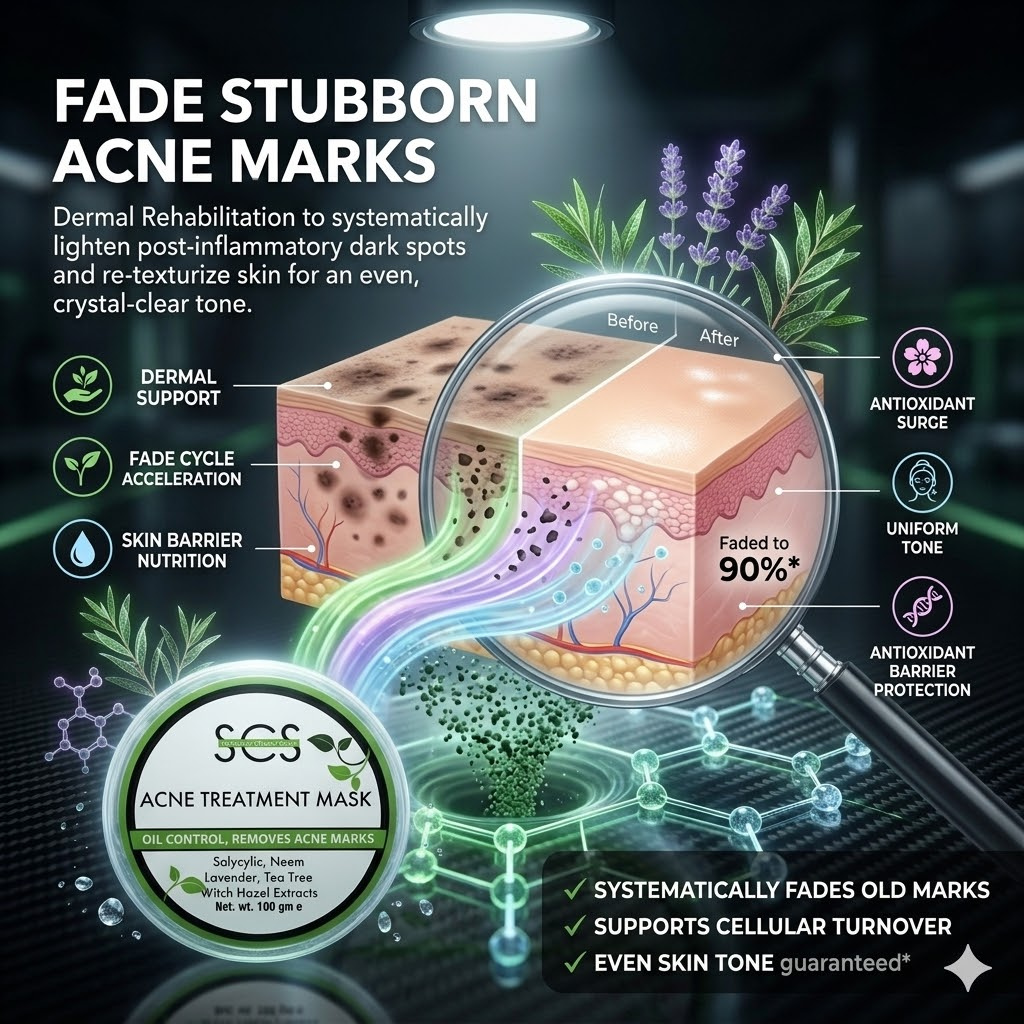 SCS Acne Treatment Mask 100g circular tub highlighting salicylic, neem, lavender, tea tree, and witch hazel extracts on a clean white background.
